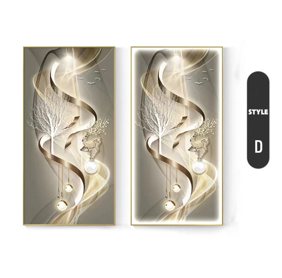 Living room decoration painting, modern minimalist high-end feeling, illuminated corridor with hanging paintings and lights