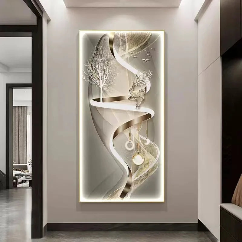 Living room decoration painting, modern minimalist high-end feeling, illuminated corridor with hanging paintings and lights