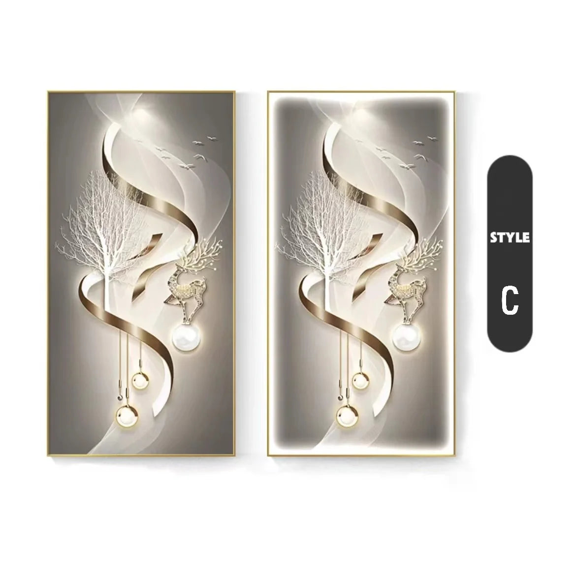 Living room decoration painting, modern minimalist high-end feeling, illuminated corridor with hanging paintings and lights